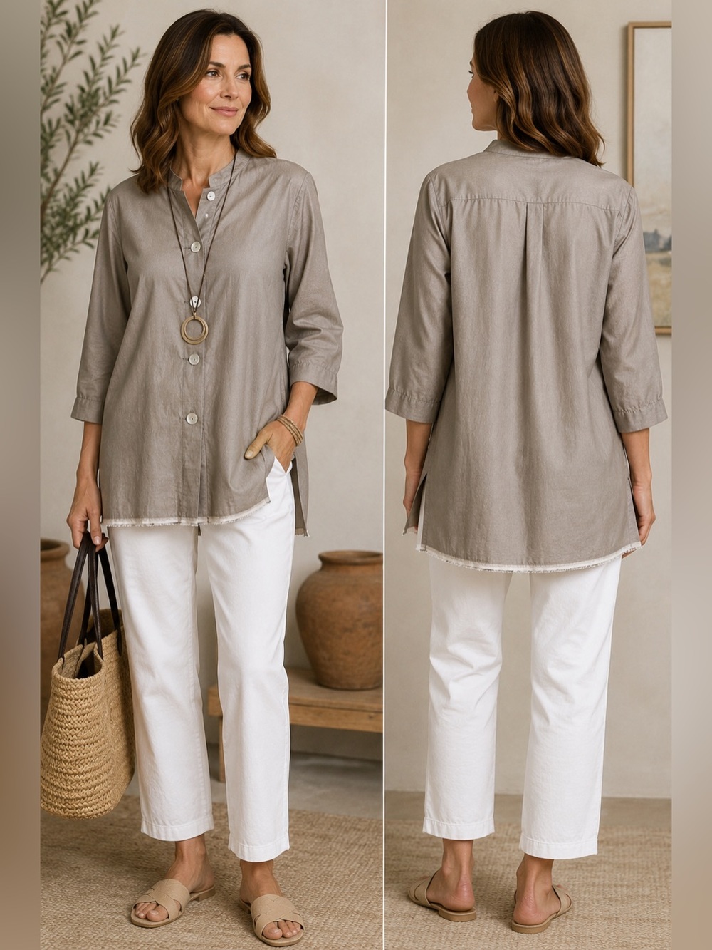 Susans USA Cotton Poplin Mandarin Collar Tunic Shirt M Taupe Shell Buttons